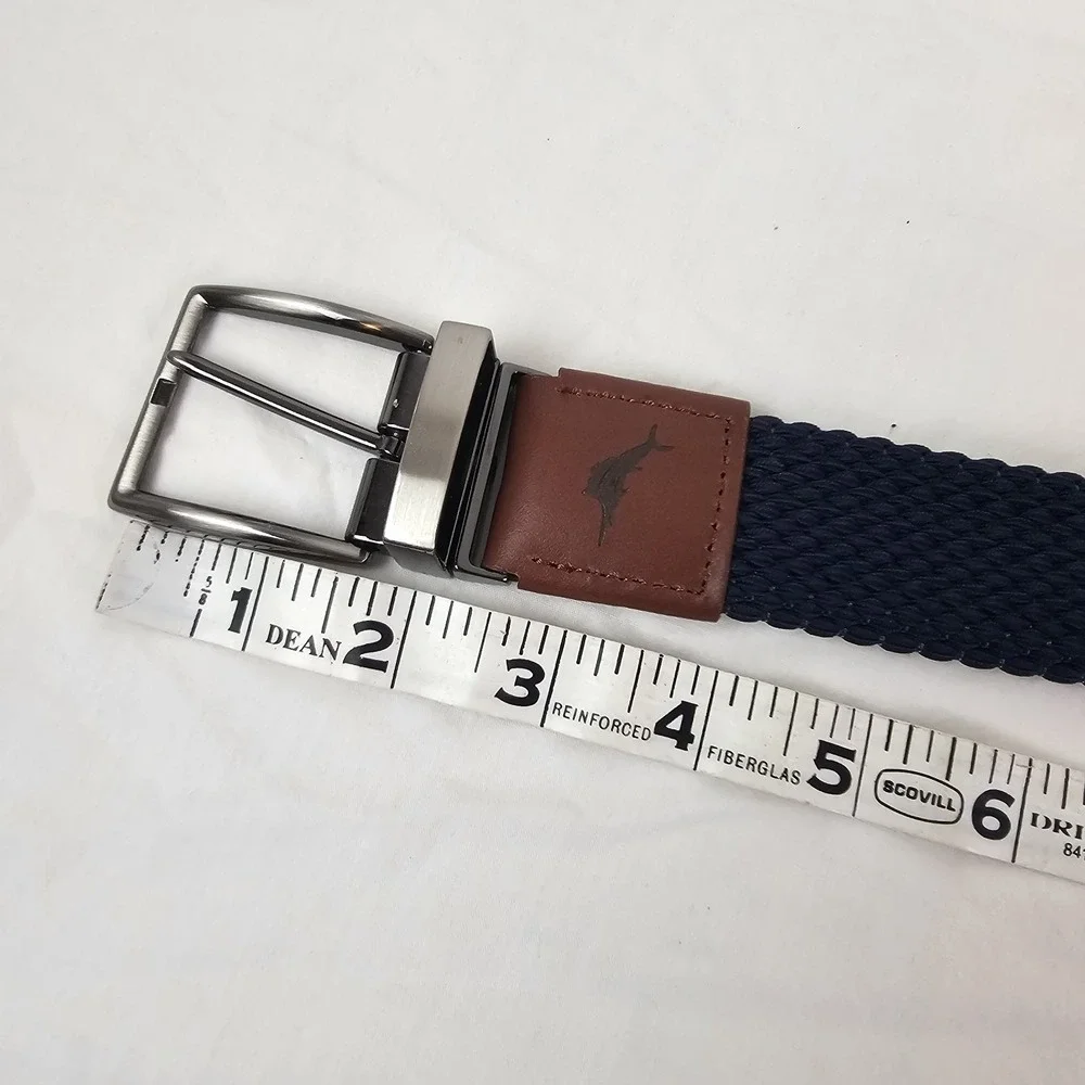 TOMMY BAHAMA Mens S M Braided Cotton Woven Blue Leather Trim Belt Silver Work
